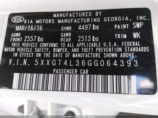 5XXGT4L36GG064393 KIA Optima Lx
