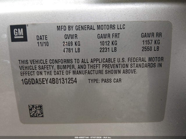 45557144 :رقم المزاد ، 1G6DA5EY4B0131254 vin ، 2011 Cadillac Cts مزاد بيع