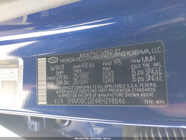 2024 Hyundai Tucson Sel მანქანა იყიდება აუქციონზე, vin: 5NMJBCDE4RH298846, აუქციონის ნომერი: 45557150
