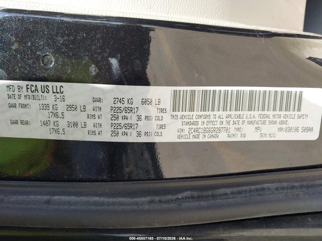 45557165 :رقم المزاد ، 2C4RC1BG6GR287701 vin ، 2016 Chrysler Town & Country Touring مزاد بيع