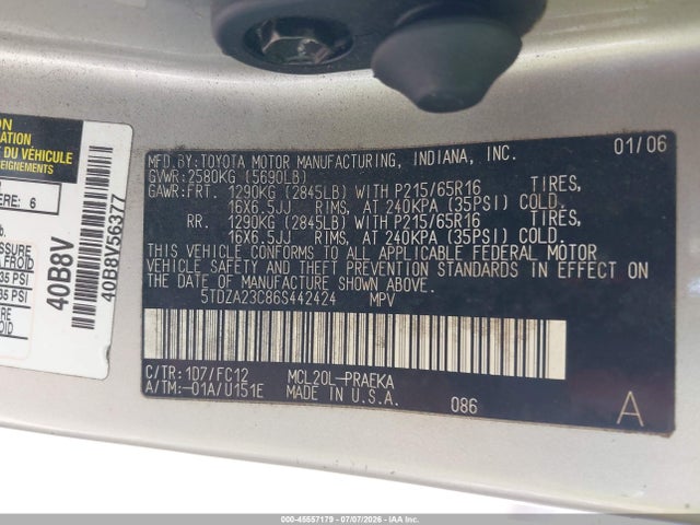 Aukcja sprzedaży 2006 Toyota Sienna Le, vin: 5TDZA23C86S442424, numer aukcji: 45557179