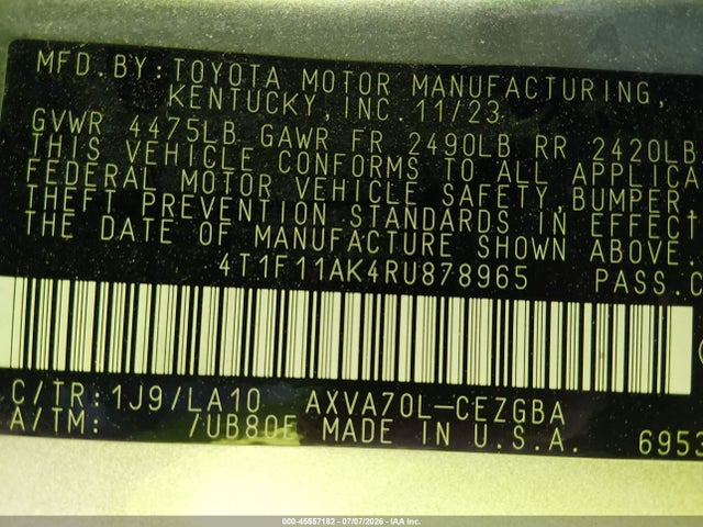 Продаж на аукціоні авто 2024 Toyota Camry Xle, vin: 4T1F11AK4RU878965, номер лоту: 45557182