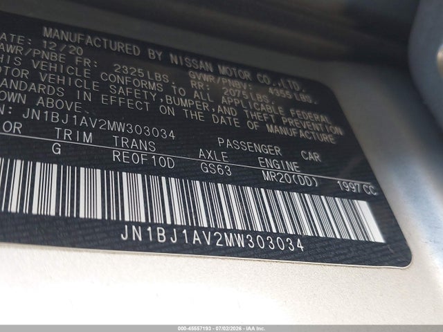 JN1BJ1AV2MW303034 Nissan Rogue Sport S Fwd Xtronic Cvt