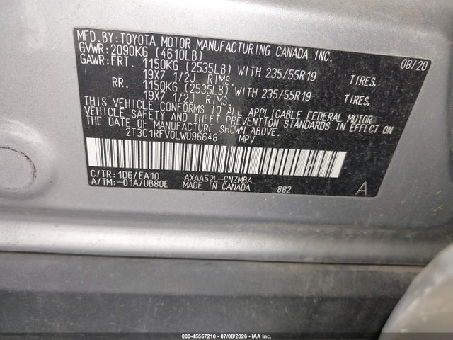 Продаж на аукціоні авто 2020 Toyota Rav4 Xle Premium, vin: 2T3C1RFV0LW096648, номер лоту: 45557210