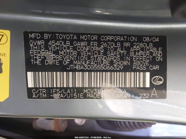 Продажа на аукционе авто 2005 Lexus Es 330, vin: JTHBA30G555066329, номер лота: 45557224