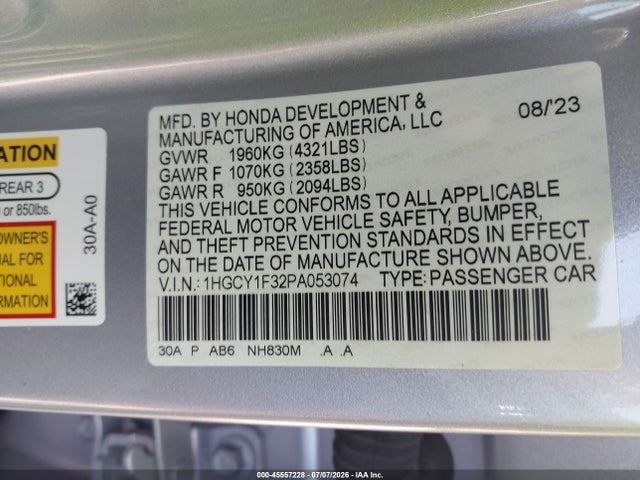Продаж на аукціоні авто 2023 Honda Accord Ex, vin: 1HGCY1F32PA053074, номер лоту: 45557228