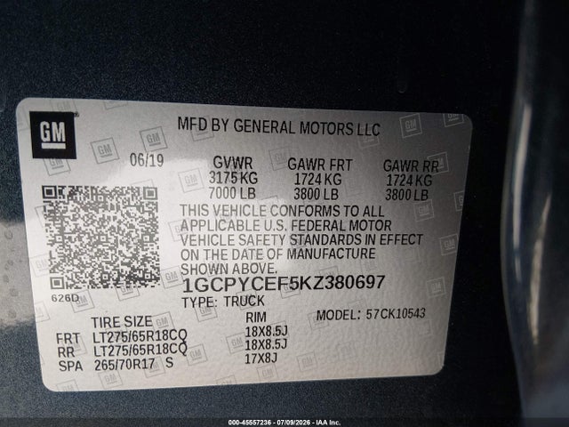1GCPYCEF5KZ380697 Chevrolet Silverado 1500 Custom Trail Boss