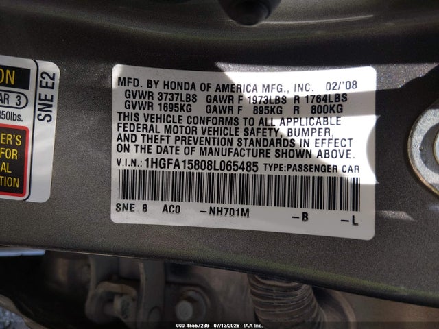 45557239 :رقم المزاد ، 1HGFA15808L065485 vin ، 2008 Honda Civic Ex مزاد بيع