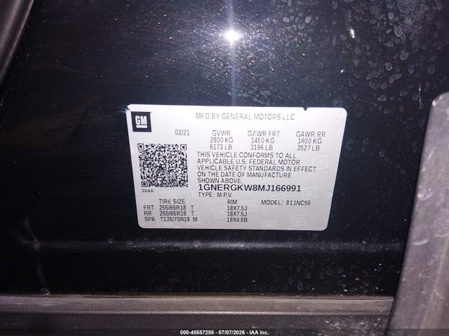 1GNERGKW8MJ166991 Chevrolet Traverse Fwd Lt Cloth