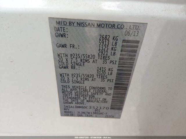 Продажа на аукционе авто 2013 Infiniti Jx35, vin: 5N1AL0MM6DC352170, номер лота: 45557285