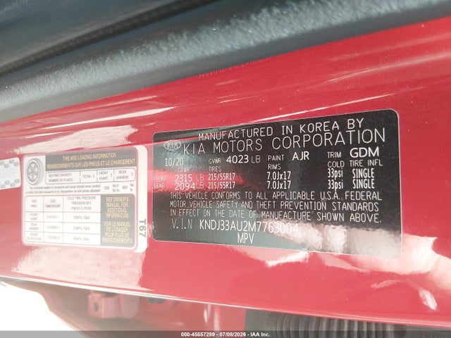 2021 Kia Soul Ex მანქანა იყიდება აუქციონზე, vin: KNDJ33AU2M7763004, აუქციონის ნომერი: 45557299