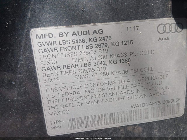 WA1BNAFY5J2088556 Audi Q5 2.0t Premium/2.0t Tech Premium