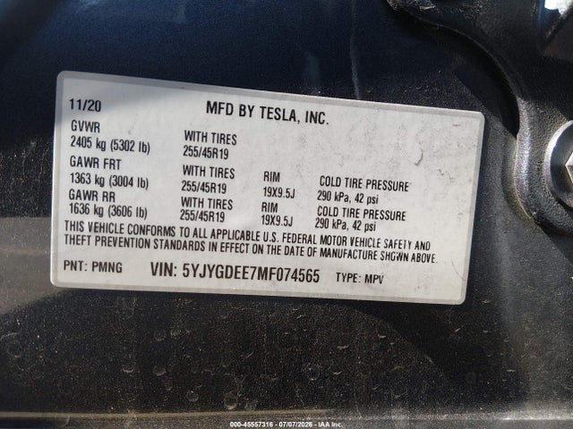 Aukcja sprzedaży 2021 Tesla Model Y Long Range Dual Motor All-wheel Drive, vin: 5YJYGDEE7MF074565, numer aukcji: 45557316