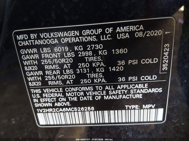 1V2HR2CA6MC526256 Volkswagen Atlas 3.6l V6 Se W/technology