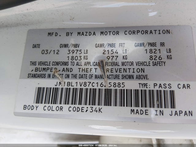 Продажа на аукционе авто 2012 Mazda Mazda3 I Touring, vin: JM1BL1V87C1625885, номер лота: 45557324