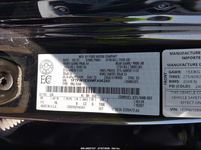 1FTFW1E89MFA96260 Ford F-150 King Ranch/lariat/limited/platinum/tremor/xl/xlt