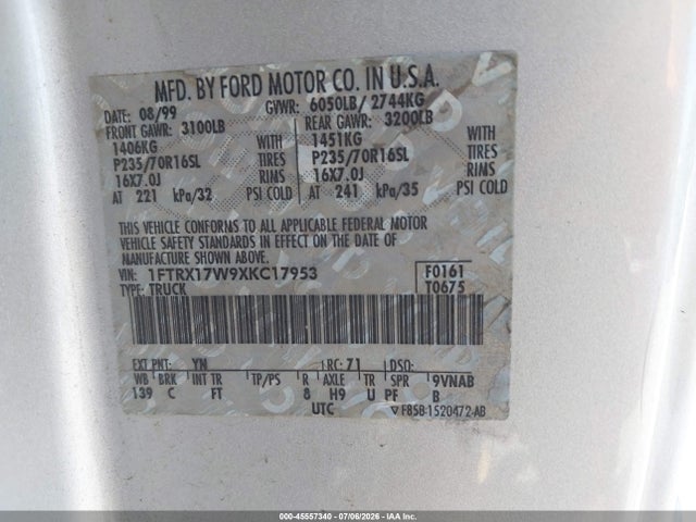 Продаж на аукціоні авто 1999 Ford F-150 Lariat/work Series/xl/xlt, vin: 1FTRX17W9XKC17953, номер лоту: 45557340