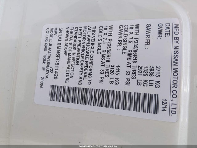 Aukcja sprzedaży 2015 Infiniti Qx60, vin: 5N1AL0MN5FC511420, numer aukcji: 45557347