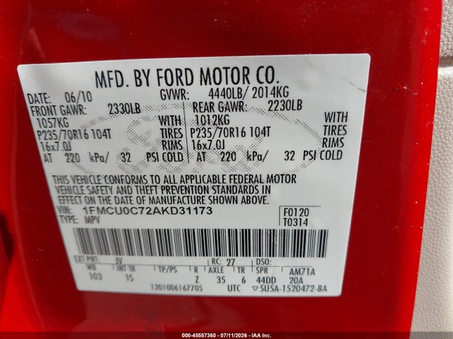 45557360 :رقم المزاد ، 1FMCU0C72AKD31173 vin ، 2010 Ford Escape Xls مزاد بيع