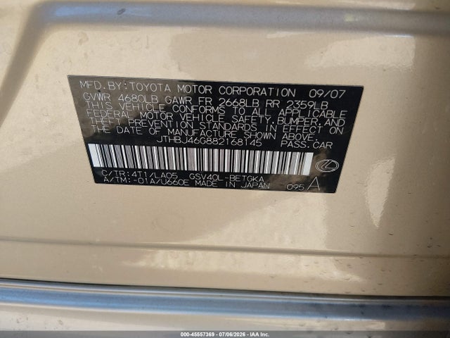 45557369 :رقم المزاد ، JTHBJ46G882168145 vin ، 2008 Lexus Es 350 مزاد بيع