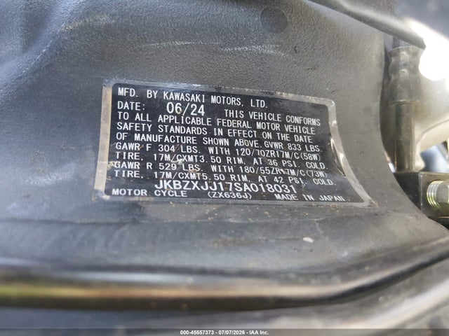 Продаж на аукціоні авто 2025 Kawasaki Zx636 K, vin: JKBZXJJ17SA018031, номер лоту: 45557373