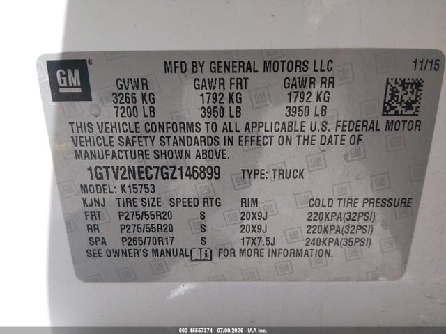45557374 :رقم المزاد ، 1GTV2NEC7GZ146899 vin ، 2016 Gmc Sierra 1500 Slt مزاد بيع