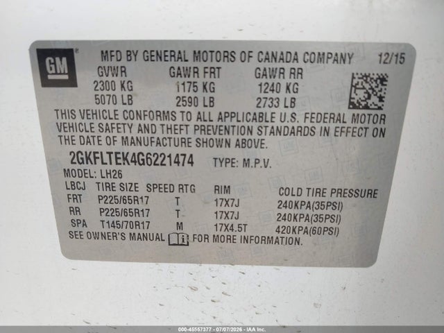 Продаж на аукціоні авто 2016 Gmc Terrain Sle-2, vin: 2GKFLTEK4G6221474, номер лоту: 45557377