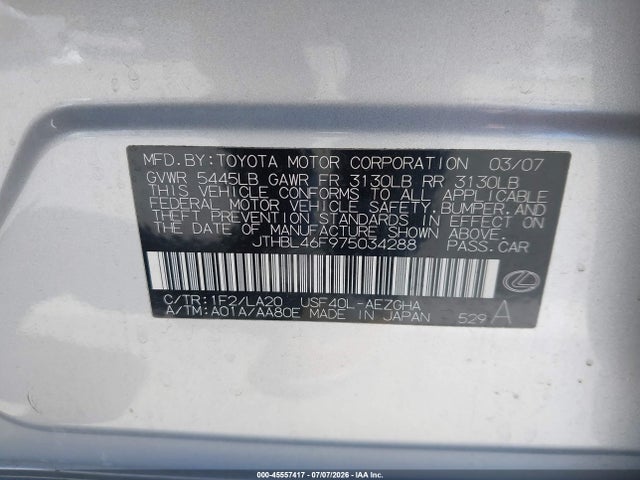 Aukcja sprzedaży 2007 Lexus Ls 460, vin: JTHBL46F975034288, numer aukcji: 45557417