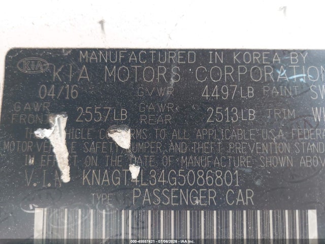 Aukcja sprzedaży 2016 Kia Optima Lx, vin: KNAGT4L34G5086801, numer aukcji: 45557421