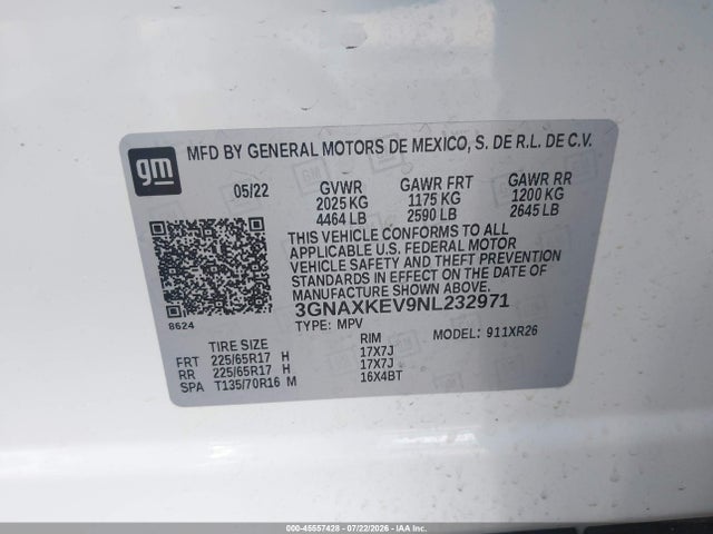 Aukcja sprzedaży 2022 Chevrolet Equinox Fwd Lt, vin: 3GNAXKEV9NL232971, numer aukcji: 45557428