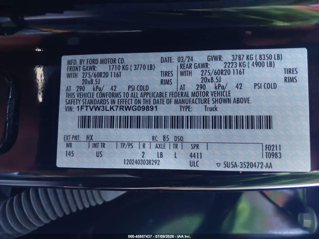 Aukcja sprzedaży 2024 Ford F-150 Lightning Xlt, vin: 1FTVW3LK7RWG09891, numer aukcji: 45557437