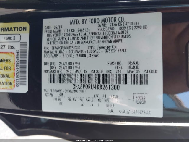 Ford Fusion Hybrid Titanium 2019 3FA6P0RU4KR261300 Image 9