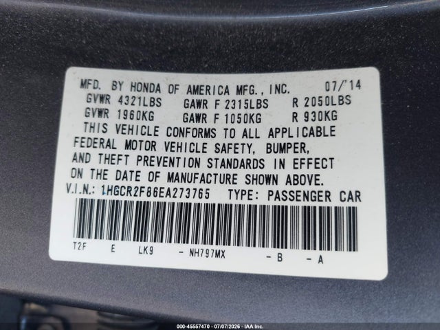 Honda Accord Ex-l 2014 1HGCR2F86EA273765 Image 9