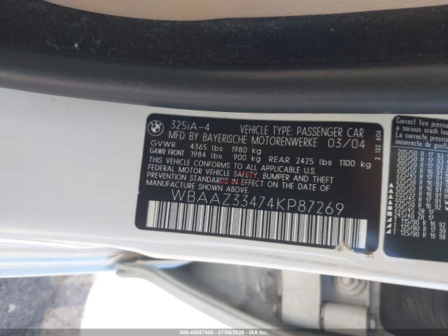 45557480 :رقم المزاد ، WBAAZ33474KP87269 vin ، 2004 Bmw 325i مزاد بيع