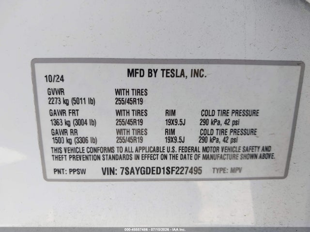 Aukcja sprzedaży 2025 Tesla Model Y Long Range Dual Motor Rear-wheel Drive, vin: 7SAYGDED1SF227495, numer aukcji: 45557486