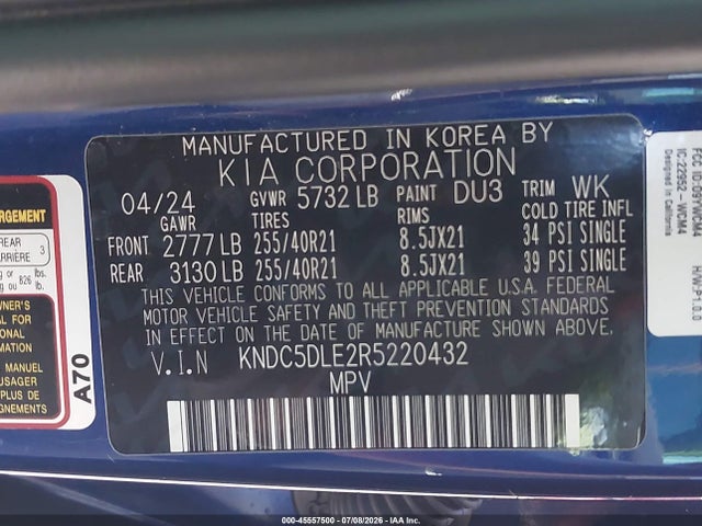 Aukcja sprzedaży 2024 Kia Ev6 Gt, vin: KNDC5DLE2R5220432, numer aukcji: 45557500