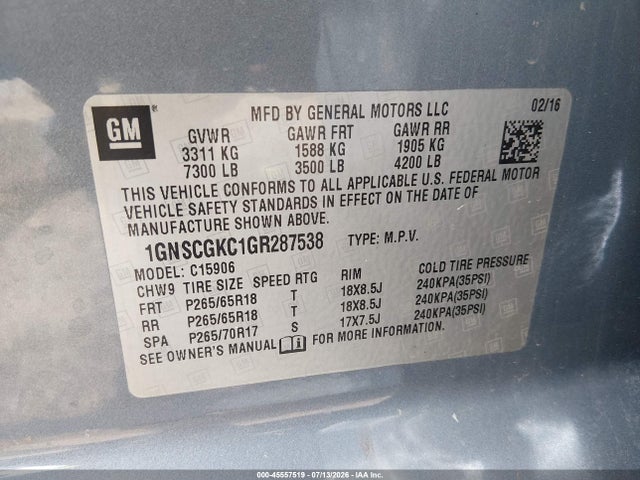 Продаж на аукціоні авто 2016 Chevrolet Suburban Ls, vin: 1GNSCGKC1GR287538, номер лоту: 45557519