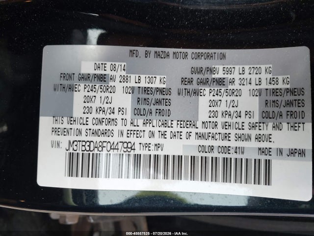 Aukcja sprzedaży 2015 Mazda Cx-9 Grand Touring, vin: JM3TB3DA8F0447994, numer aukcji: 45557525