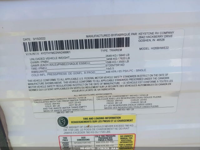 Продажа на аукционе авто 2022 Keystone Hideout, vin: 4YDTH1M22NN248961, номер лота: 45557531