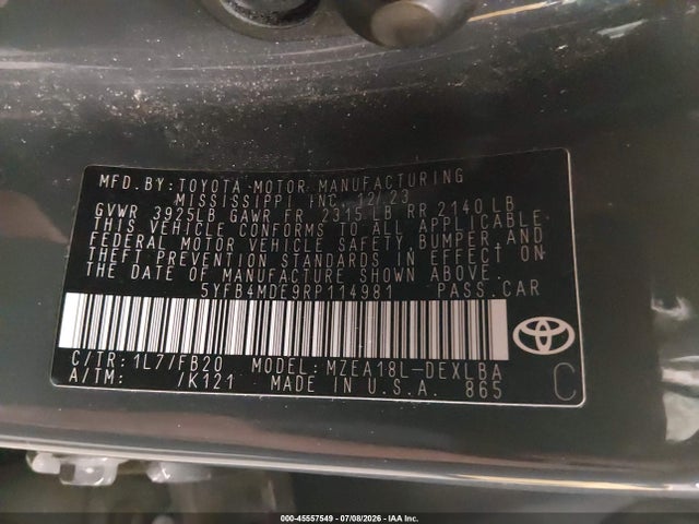Продаж на аукціоні авто 2024 Toyota Corolla Le, vin: 5YFB4MDE9RP114981, номер лоту: 45557549