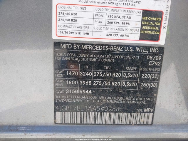 2010 Mercedes-benz Gl 450 4matic მანქანა იყიდება აუქციონზე, vin: 4JGBF7BE1AA540988, აუქციონის ნომერი: 45557618