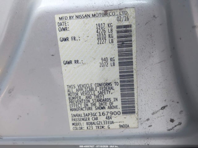 1N4AL3AP3GC167900 Nissan Altima 2.5/2.5 S/2.5 Sl/2.5 Sr/2.5 Sv