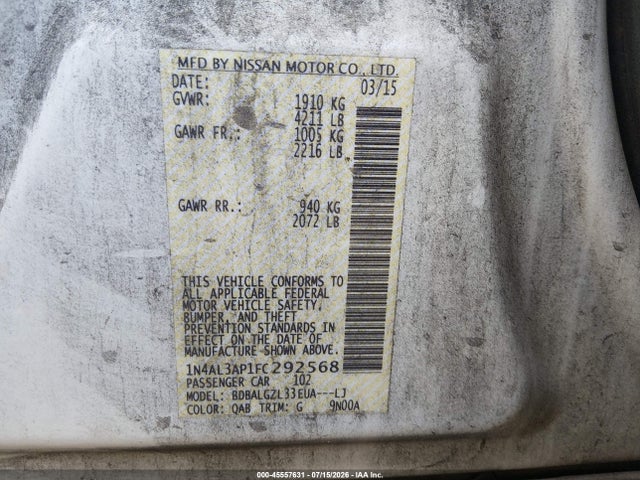 Продажа на аукционе авто 2015 Nissan Altima 2.5 S, vin: 1N4AL3AP1FC292568, номер лота: 45557631