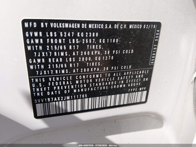 Продаж на аукціоні авто 2018 Volkswagen Tiguan 2.0t S, vin: 3VV1B7AX2JM111765, номер лоту: 45557636