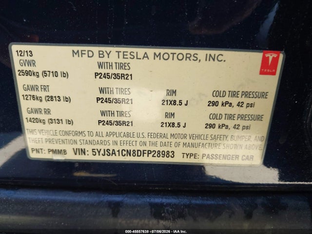 45557638 :رقم المزاد ، 5YJSA1CN8DFP28983 vin ، 2013 Tesla Model S مزاد بيع