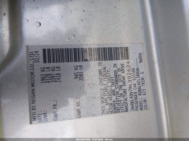1N4BL4DV7RN392624 Nissan Altima Sv Fwd