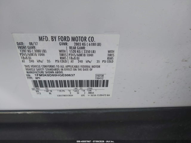 Ford EXPLORER XLT 2017 1FM5K8D80HGE00637 Image 9