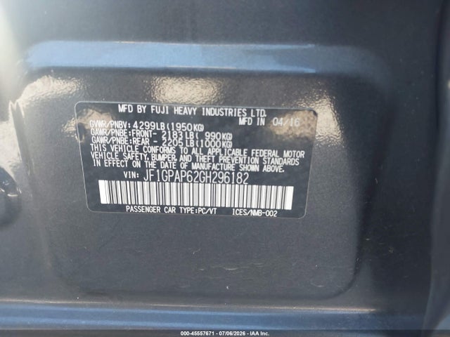 Aukcja sprzedaży 2016 Subaru Impreza 2.0i Sport Premium, vin: JF1GPAP62GH296182, numer aukcji: 45557671