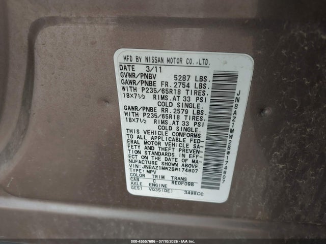 Aukcja sprzedaży 2011 Nissan Murano Sl, vin: JN8AZ1MW2BW174607, numer aukcji: 45557686