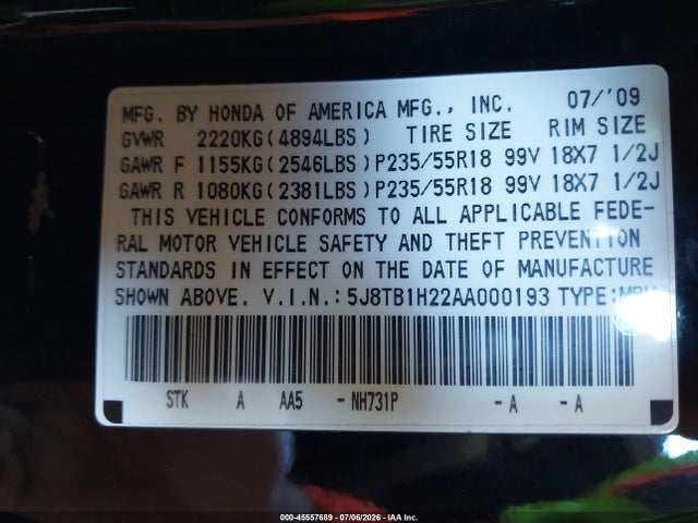 45557689 :رقم المزاد ، 5J8TB1H22AA000193 vin ، 2010 Acura Rdx مزاد بيع